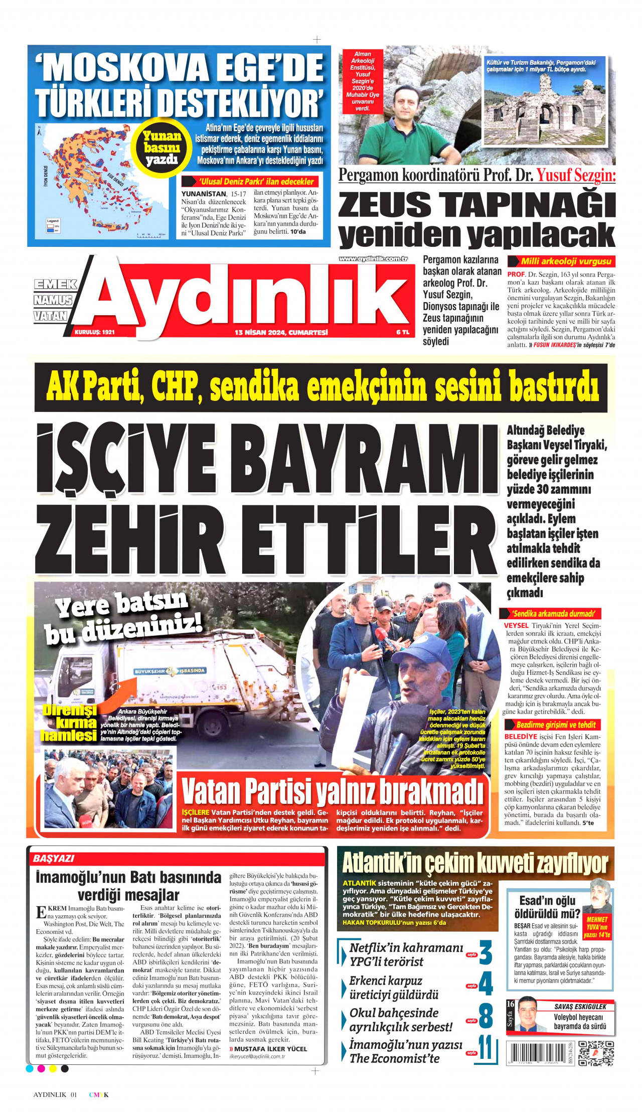 AYDINLIK GAZETESİ 13 Nisan 2024 Gazete Manşeti Büyük