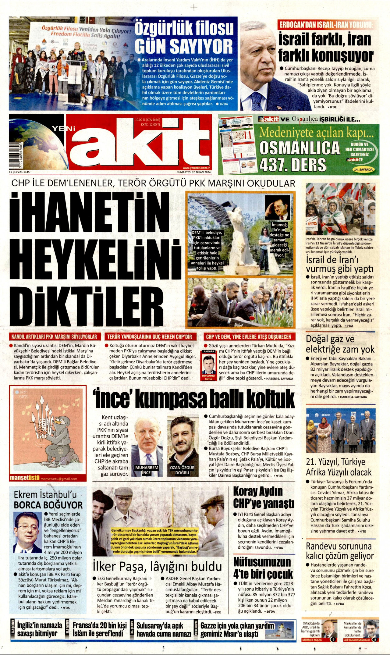 YENİ AKİT 20 Nisan 2024 Gazete Manşeti Büyük