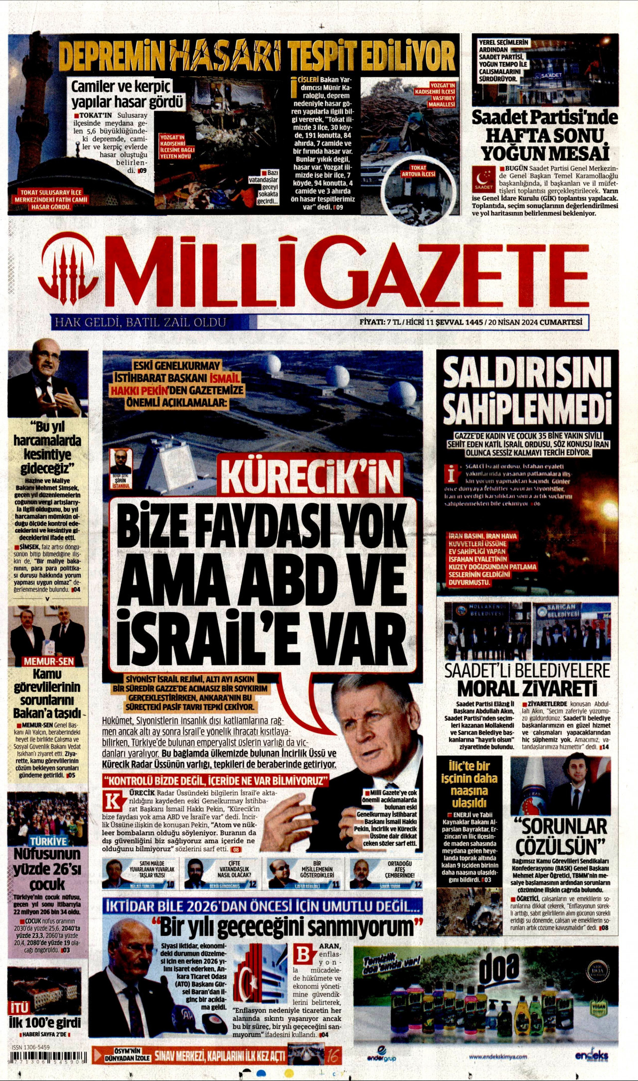 MİLLİ GAZETE 20 Nisan 2024 Gazete Manşeti Büyük