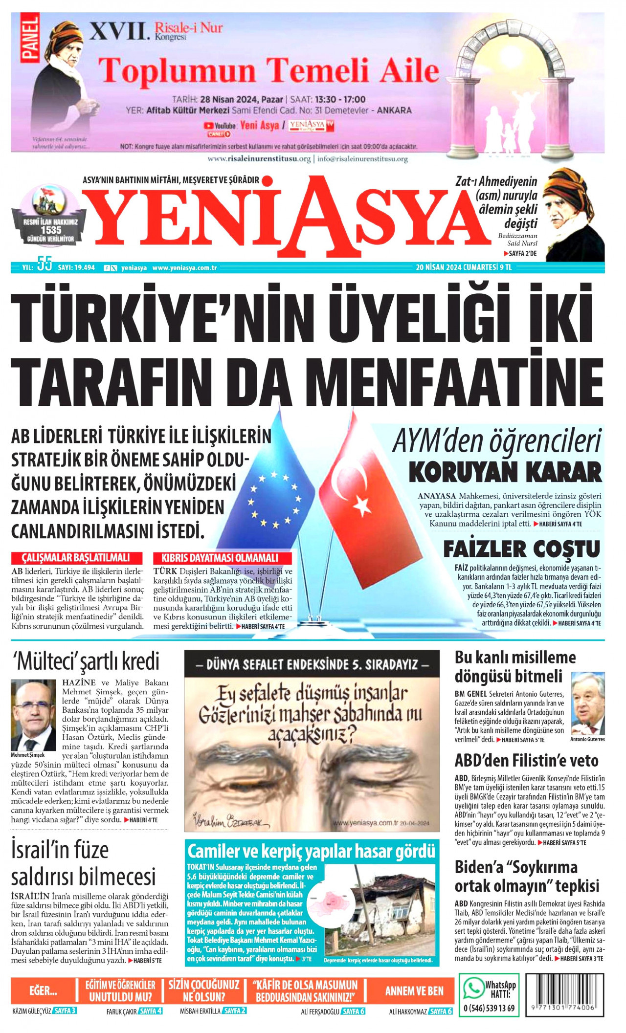 YENİ ASYA 20 Nisan 2024 Gazete Manşeti Büyük