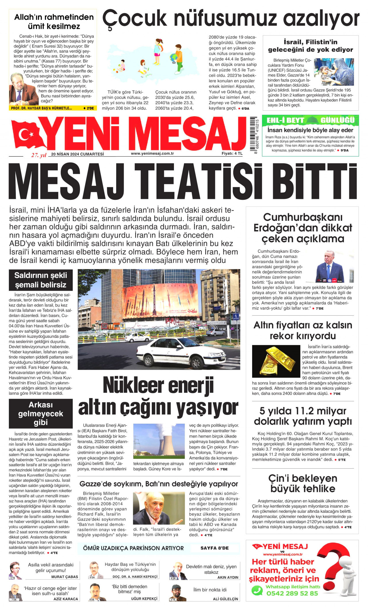 YENİ MESAJ 20 Nisan 2024 Gazete Manşeti Büyük