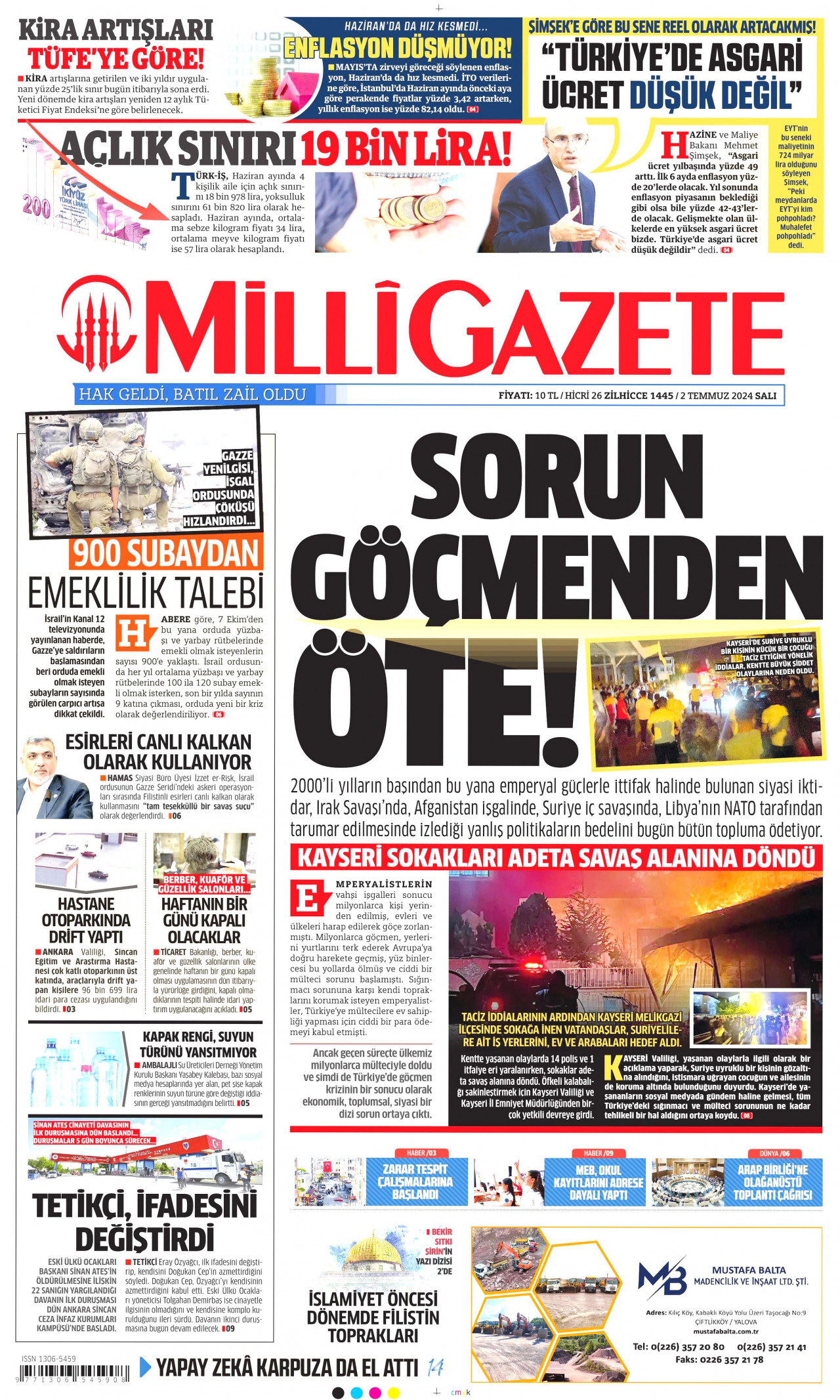 MİLLİ GAZETE 2 Temmuz 2024 Gazete Manşeti Büyük