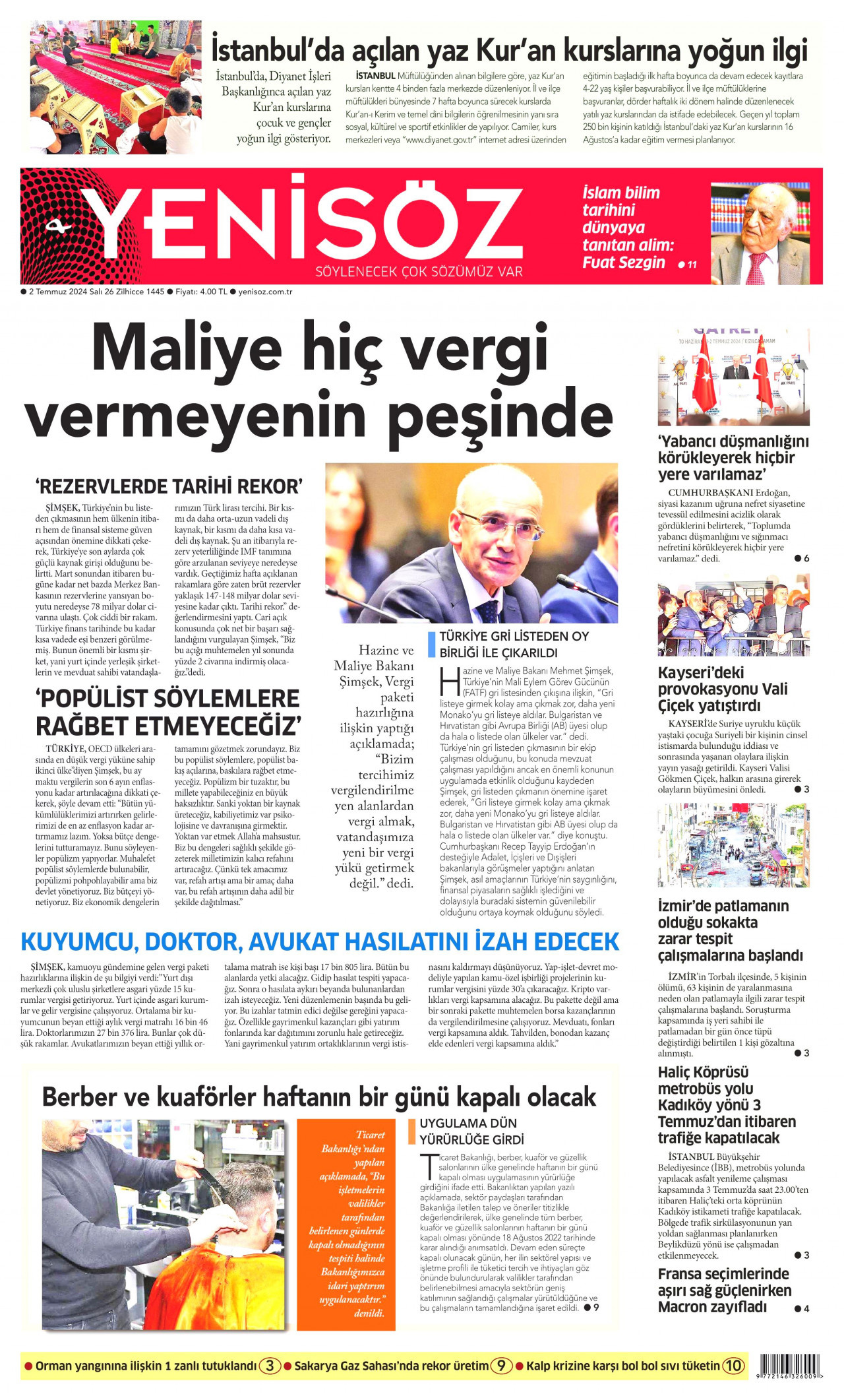 YENİ SÖZ GAZETESİ 2 Temmuz 2024 Gazete Manşeti Büyük