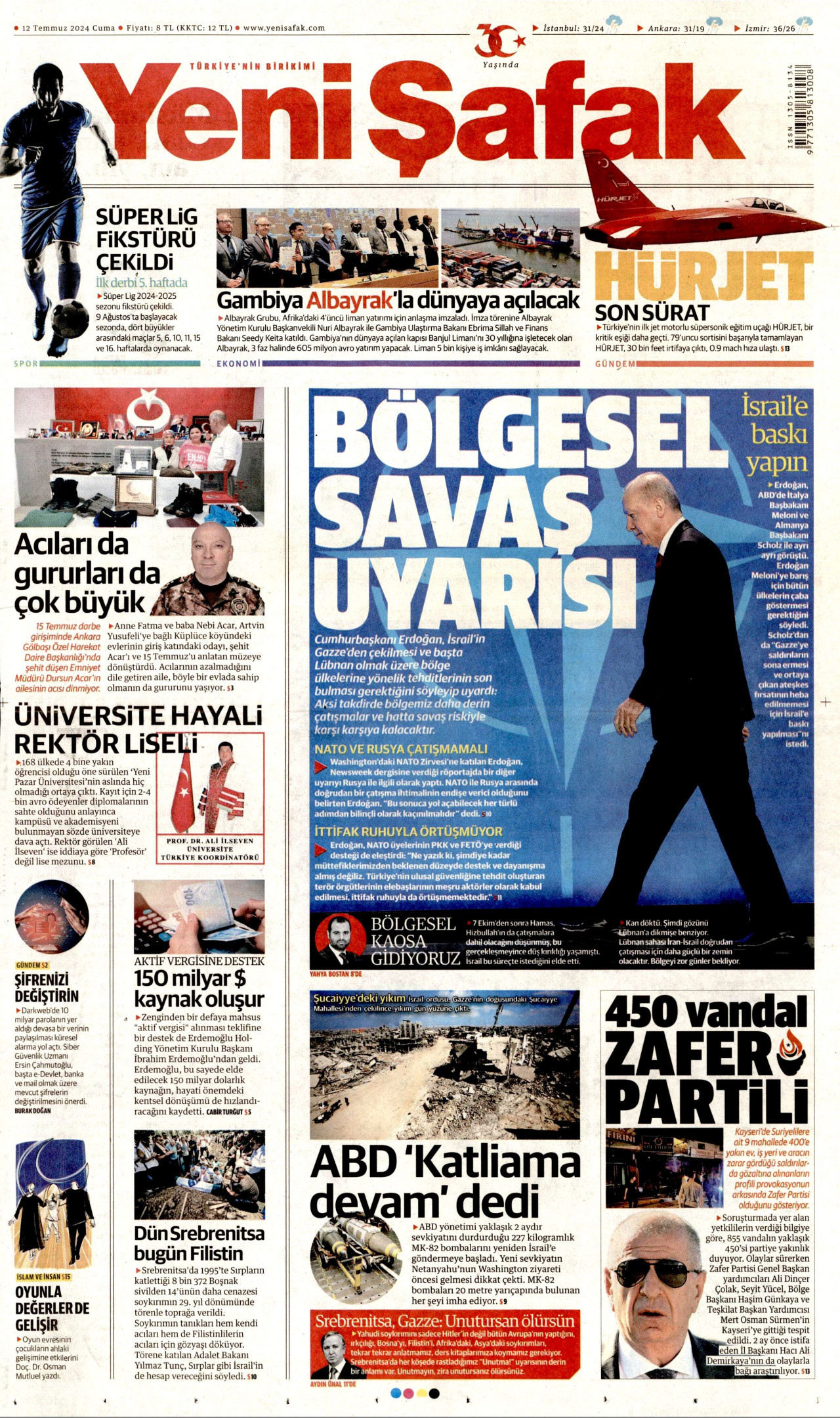 YENİ ŞAFAK 12 Temmuz 2024 Gazete Manşeti Büyük