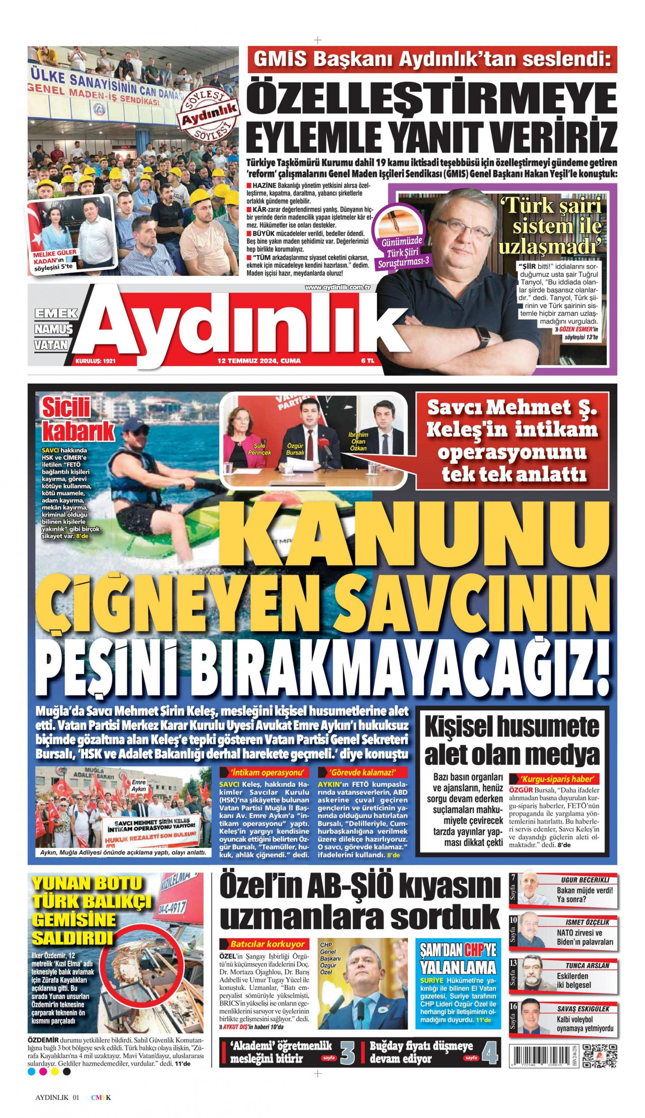 AYDINLIK GAZETESİ 12 Temmuz 2024 Gazete Manşeti Büyük