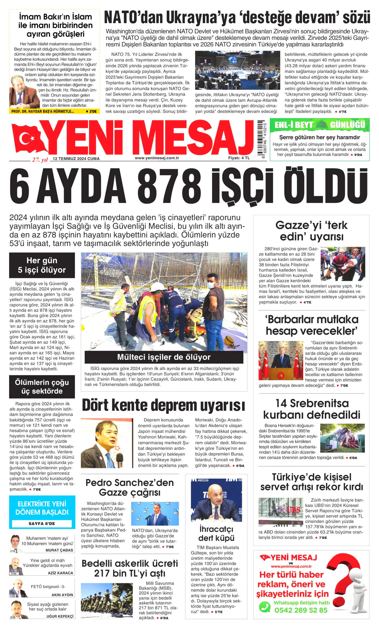 YENİ MESAJ 12 Temmuz 2024 Gazete Manşeti Büyük