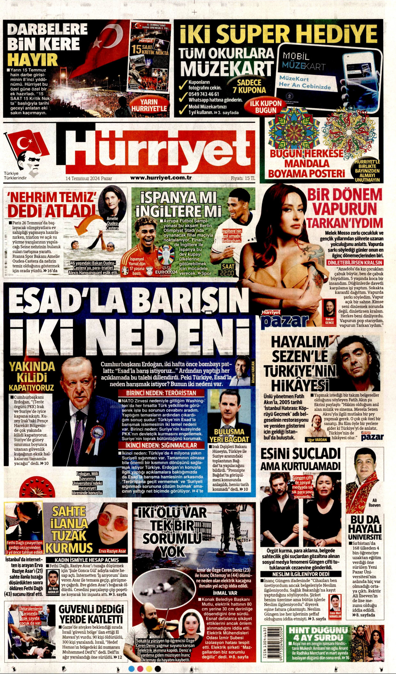 HÜRRİYET 14 Temmuz 2024 Gazete Manşeti Büyük