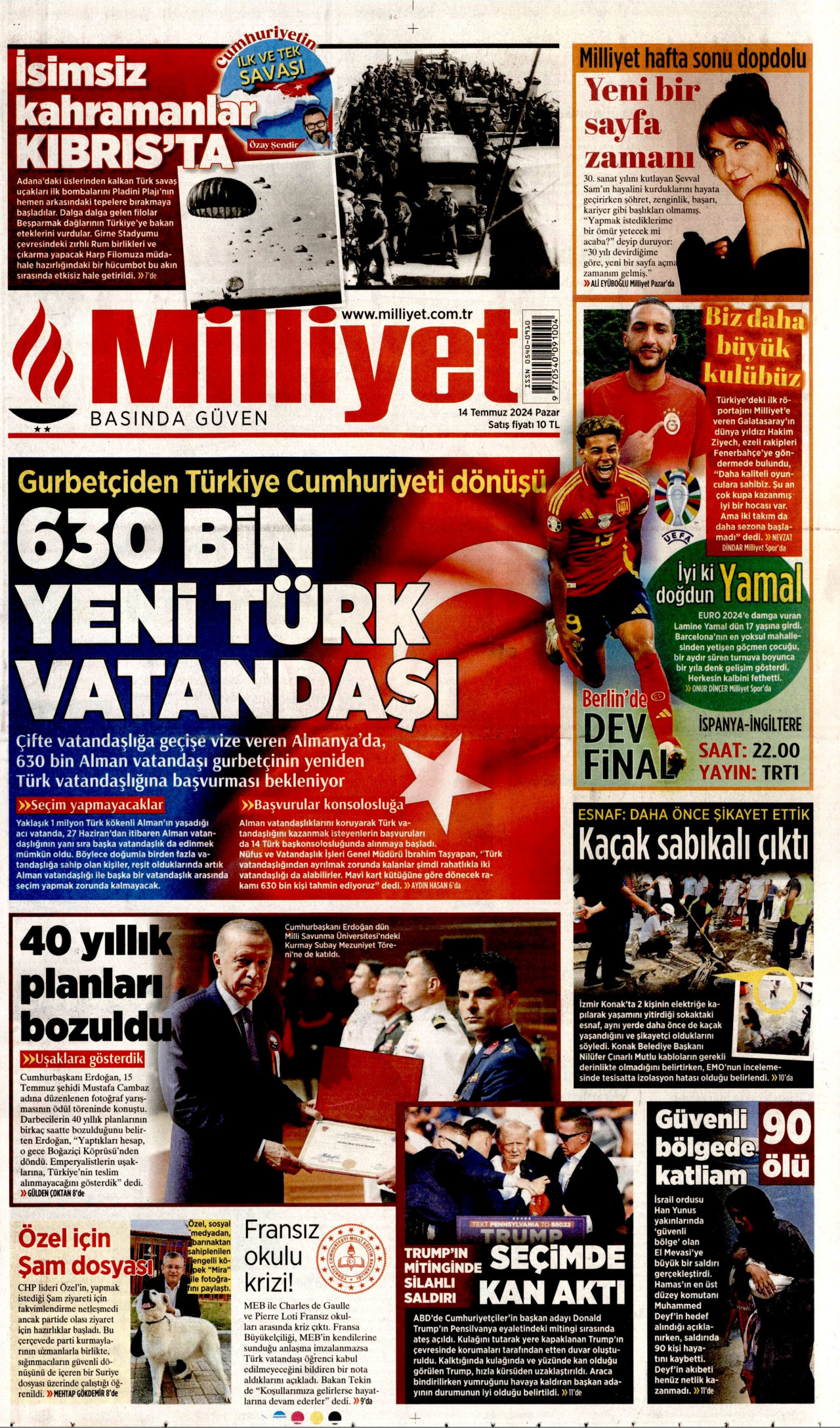 MİLLİYET 14 Temmuz 2024 Gazete Manşeti Büyük