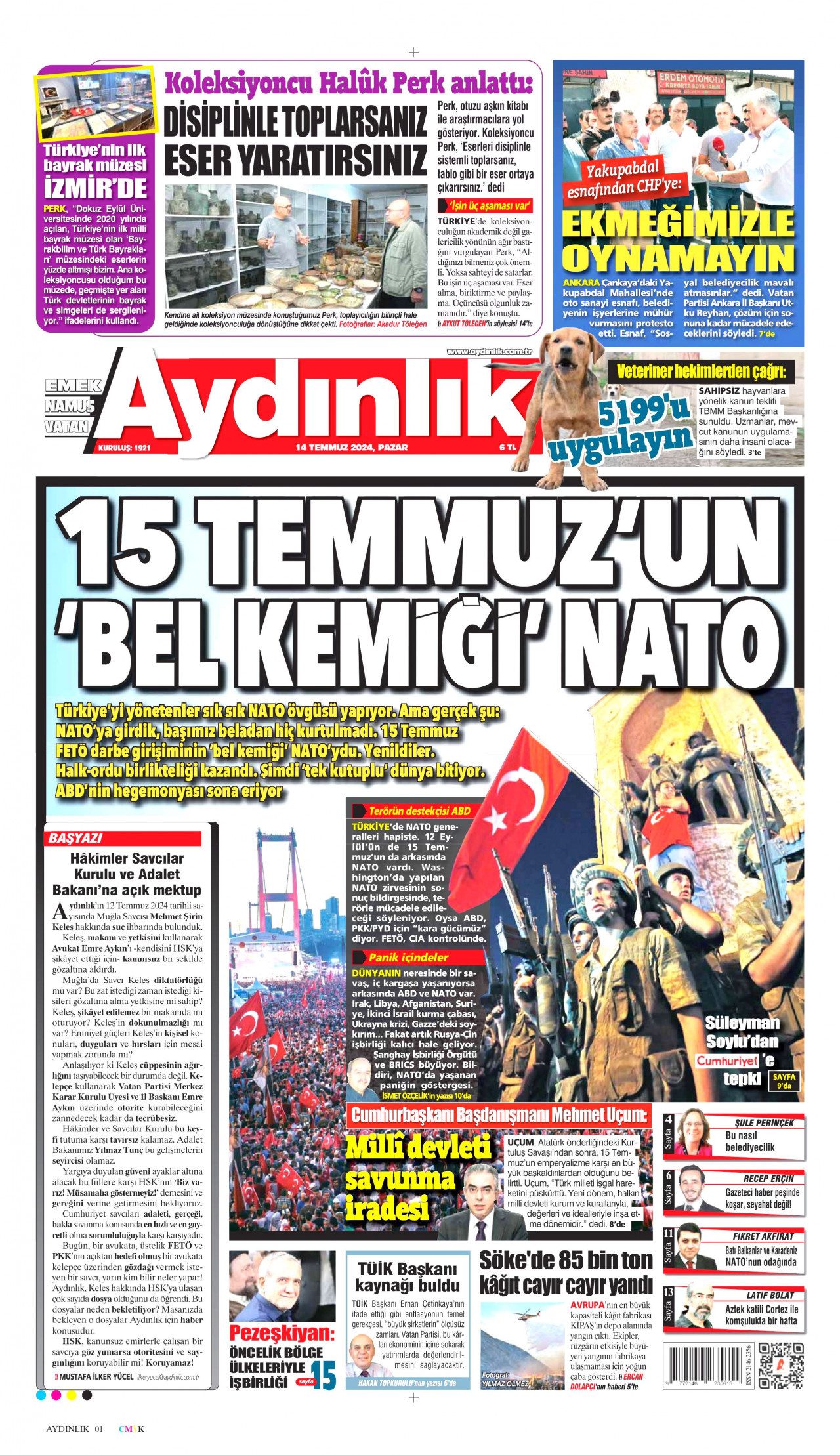 AYDINLIK GAZETESİ 14 Temmuz 2024 Gazete Manşeti Büyük