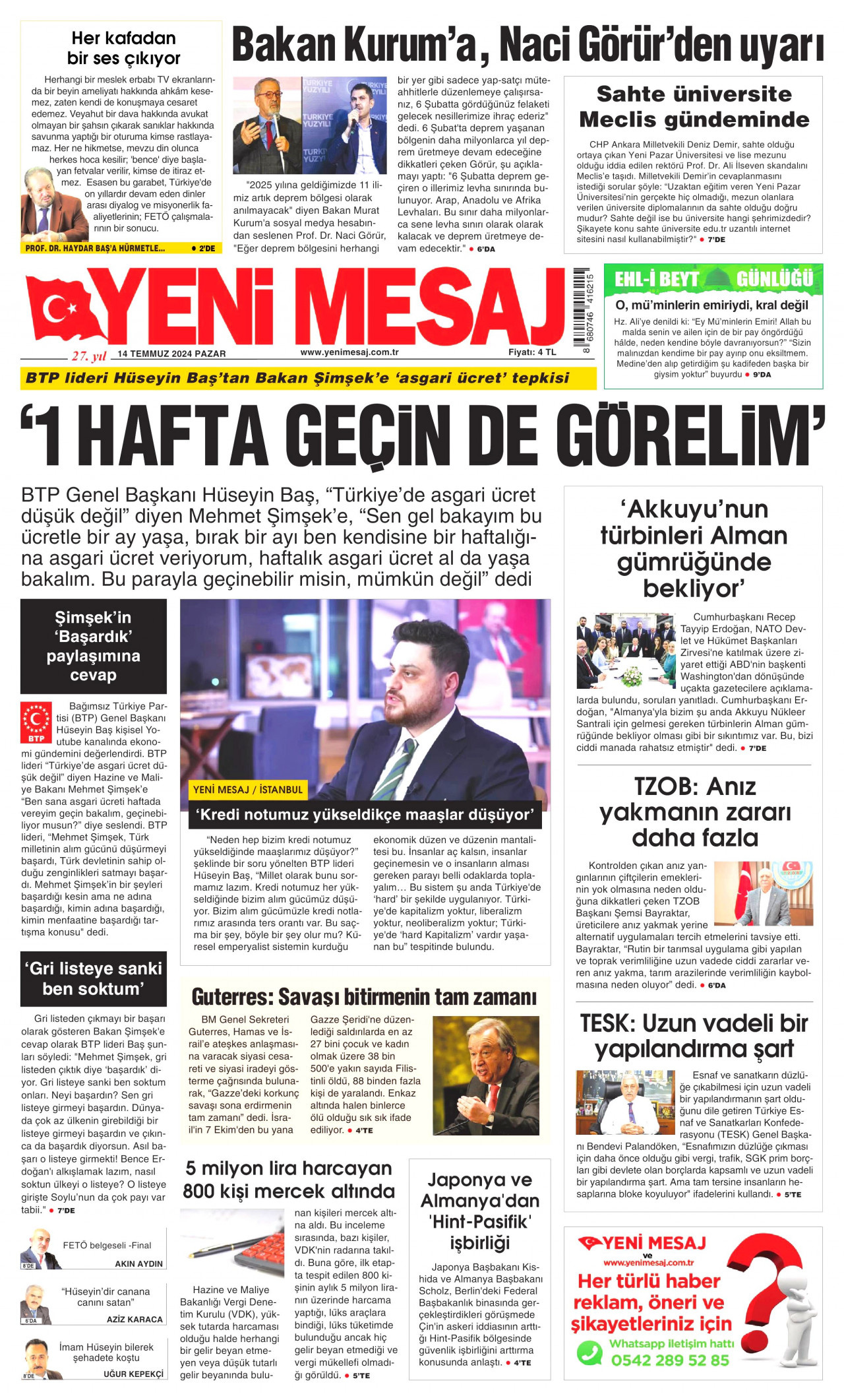 YENİ MESAJ 14 Temmuz 2024 Gazete Manşeti Büyük