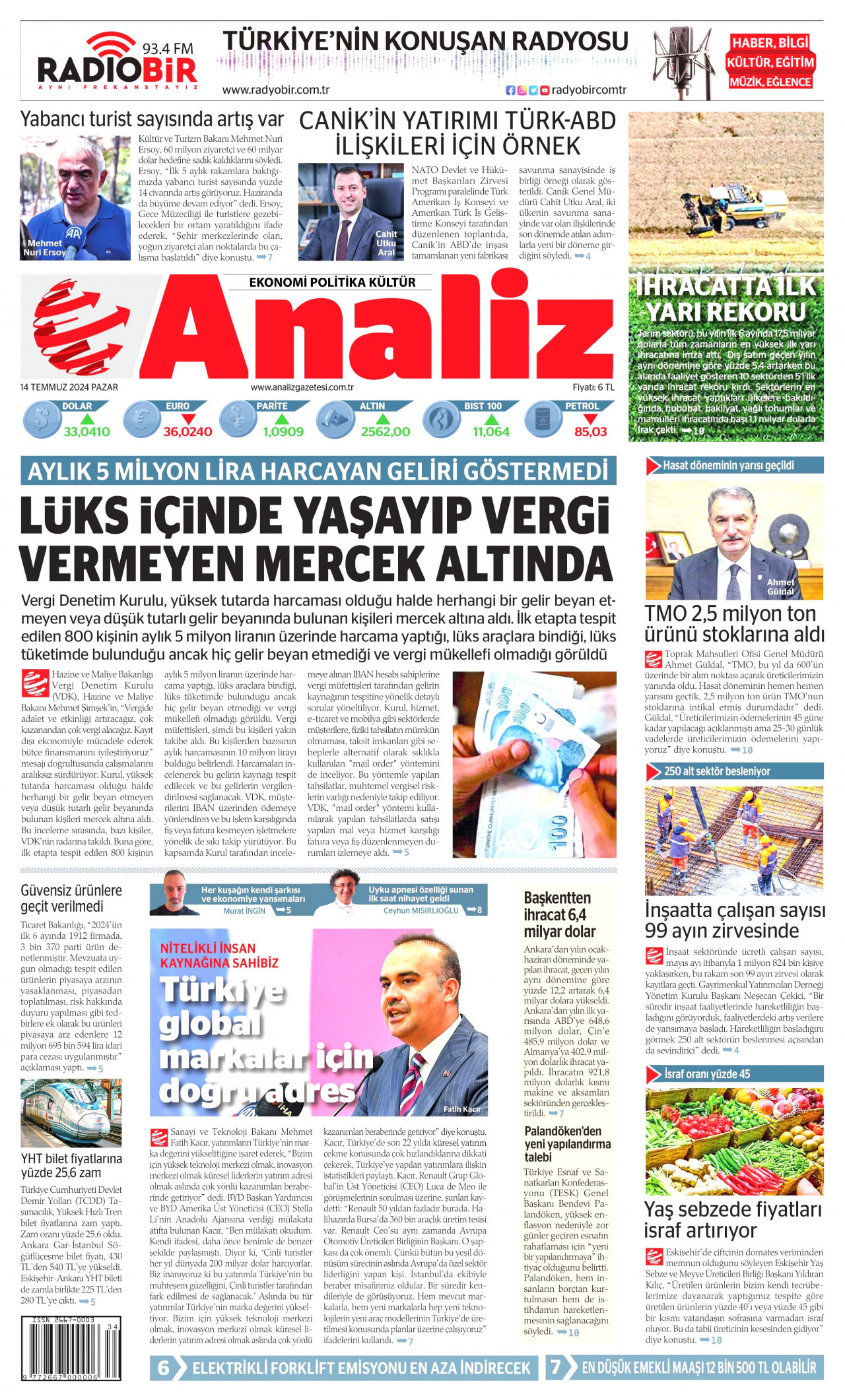 ANALİZ 14 Temmuz 2024 Gazete Manşeti Büyük