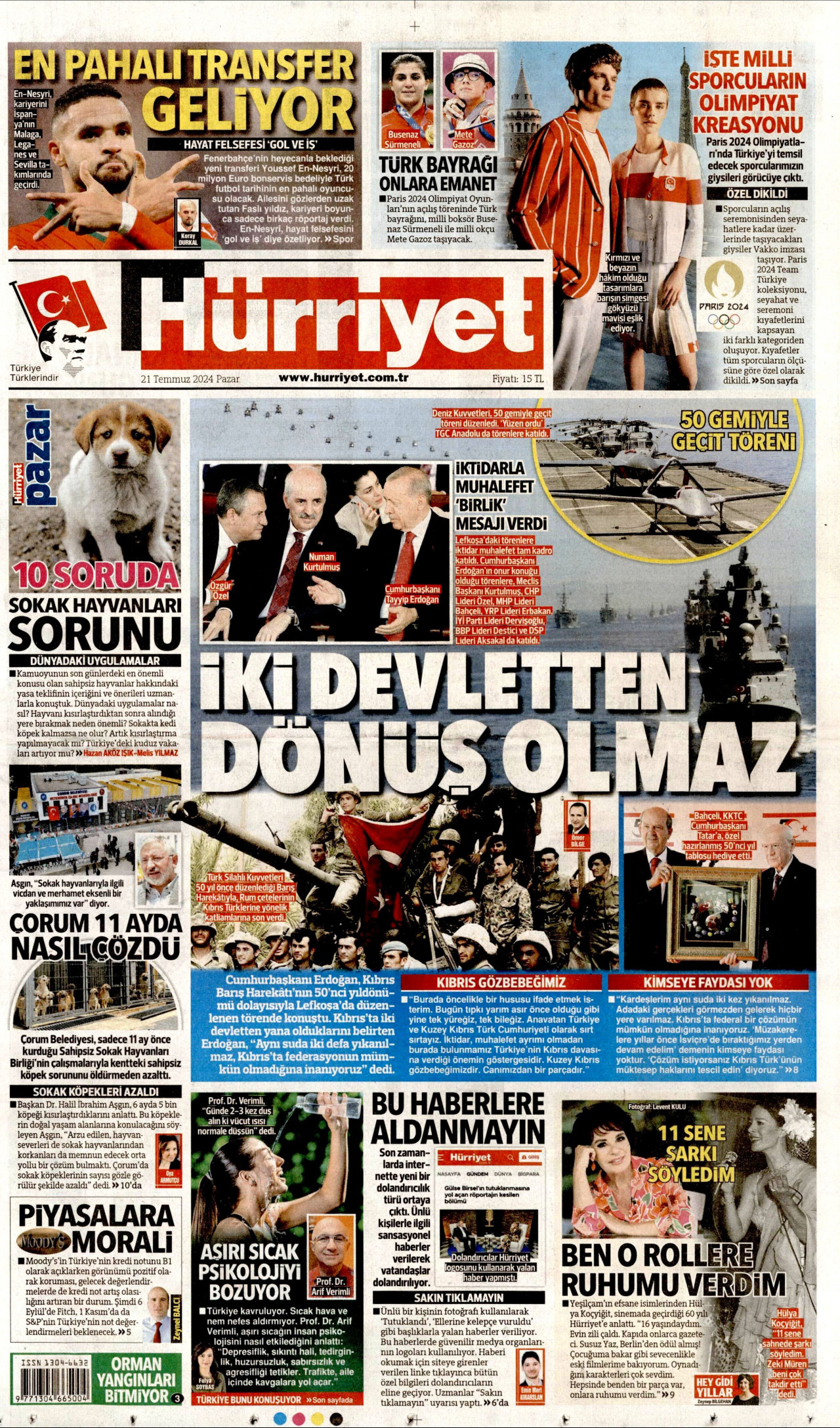 HÜRRİYET 21 Temmuz 2024 Gazete Manşeti Büyük