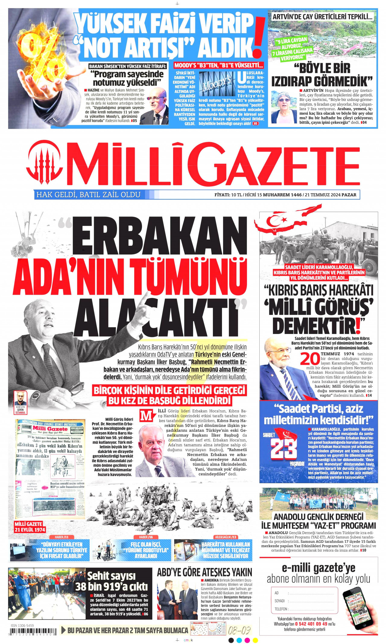 MİLLİ GAZETE 21 Temmuz 2024 Gazete Manşeti Büyük