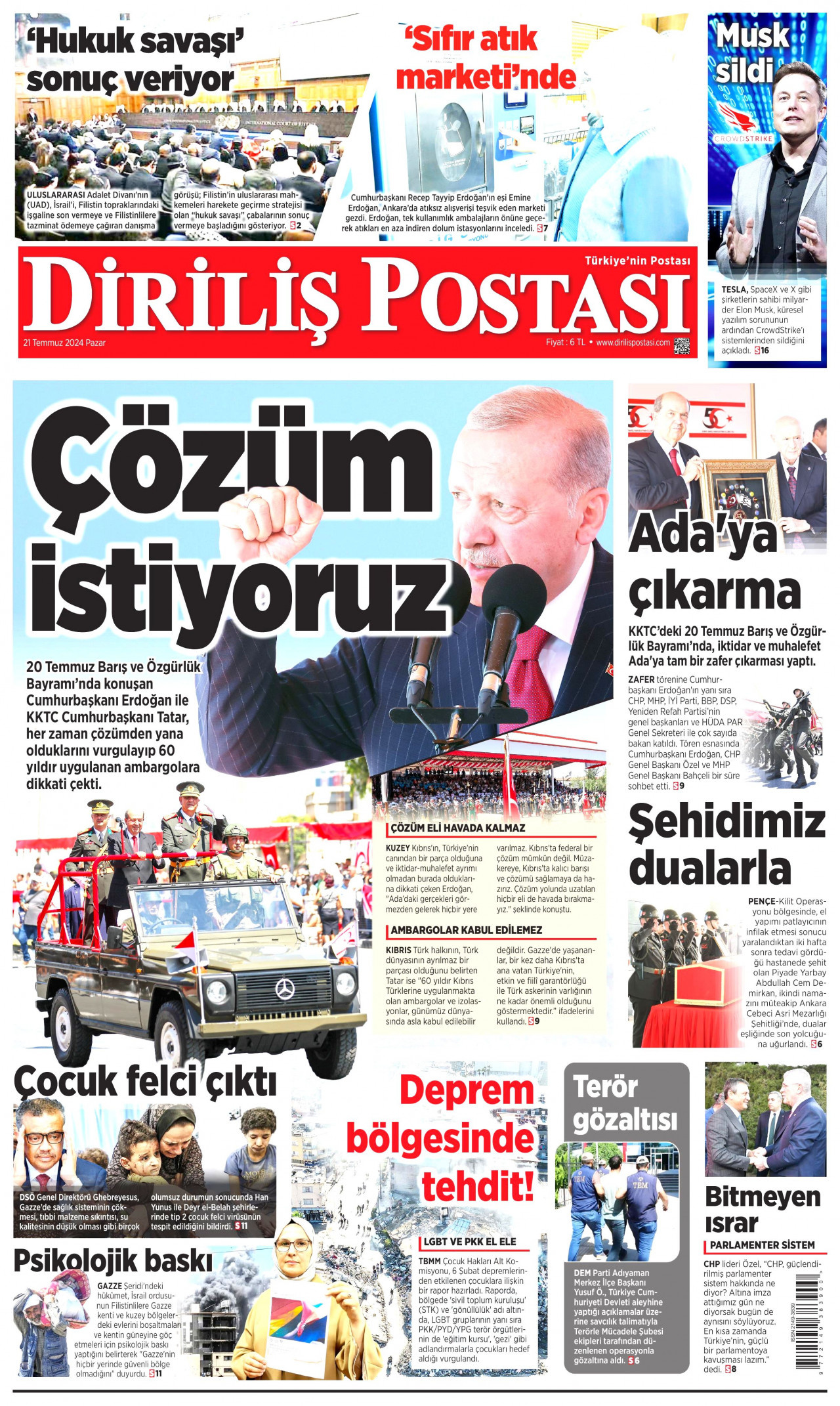 DİRİLİŞ POSTASI 21 Temmuz 2024 Gazete Manşeti Büyük