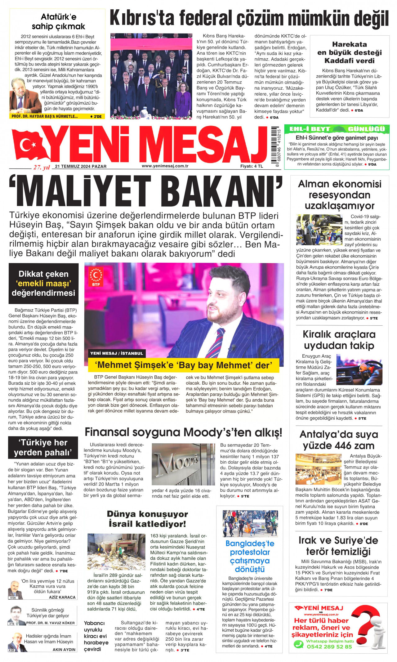 YENİ MESAJ 21 Temmuz 2024 Gazete Manşeti Büyük