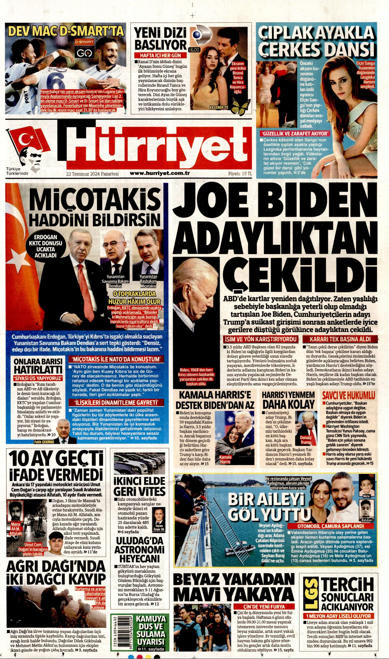 HÜRRİYET 22 Temmuz 2024 Gazete Manşeti Büyük