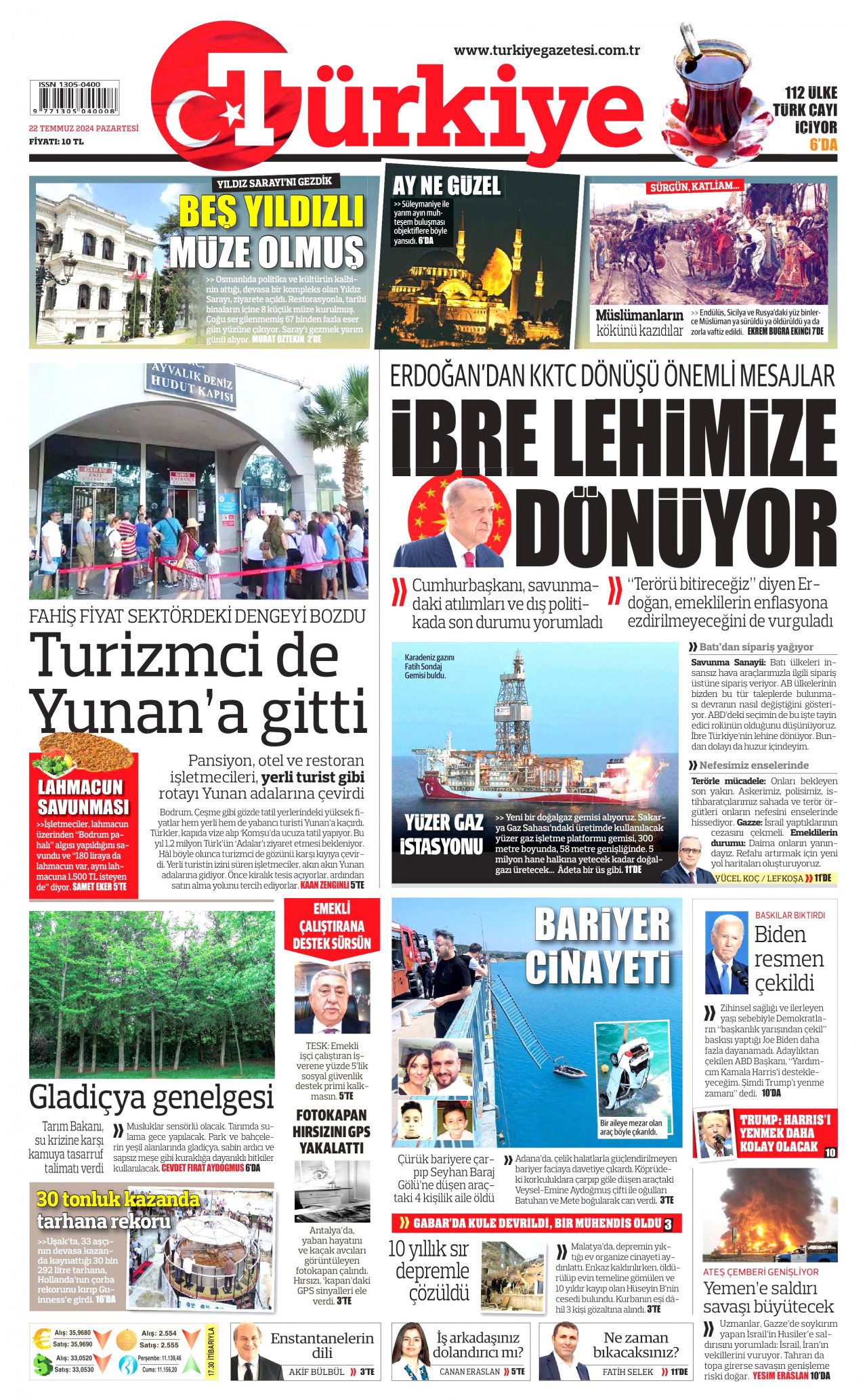 TÜRKİYE GAZETESİ 22 Temmuz 2024 Gazete Manşeti Büyük