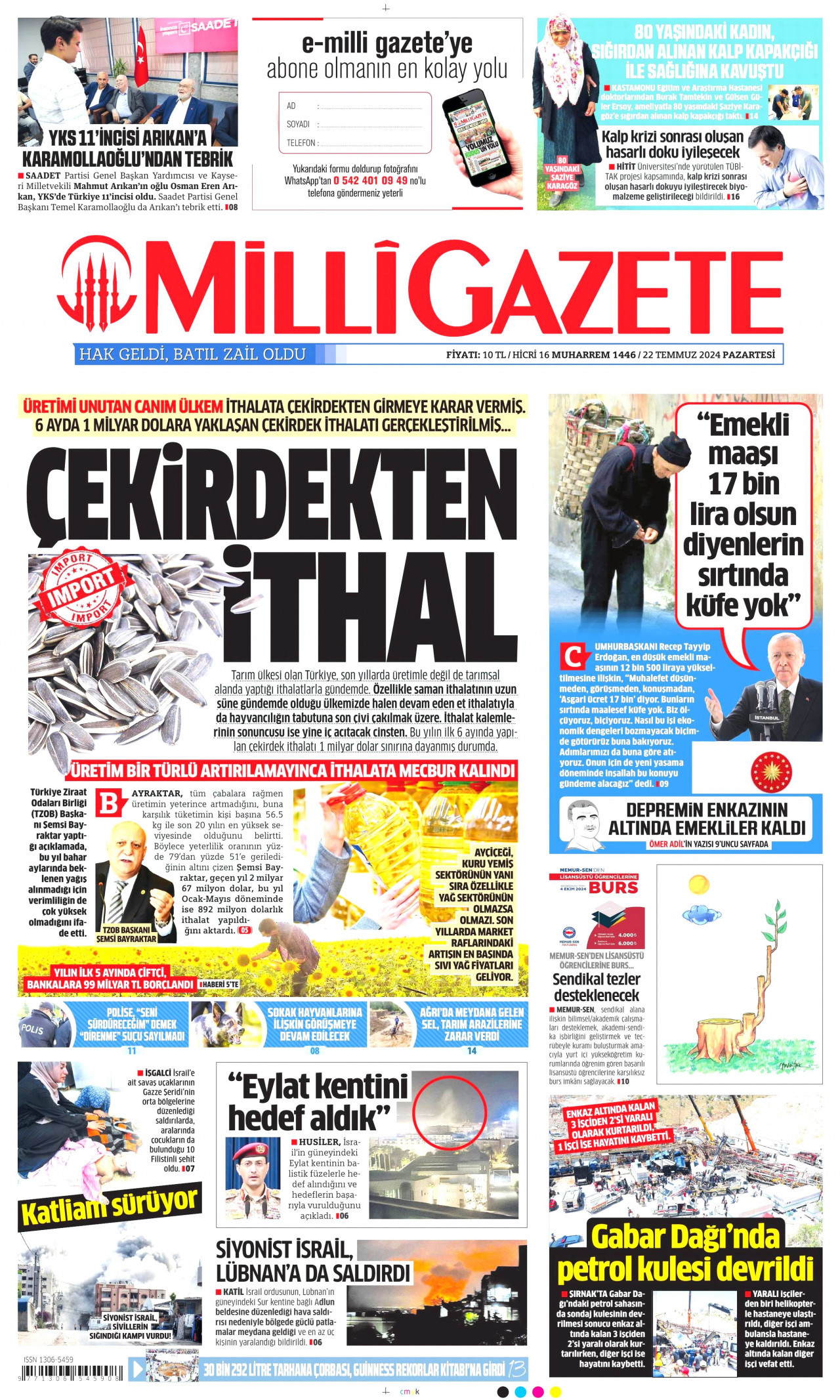 MİLLİ GAZETE 22 Temmuz 2024 Gazete Manşeti Büyük