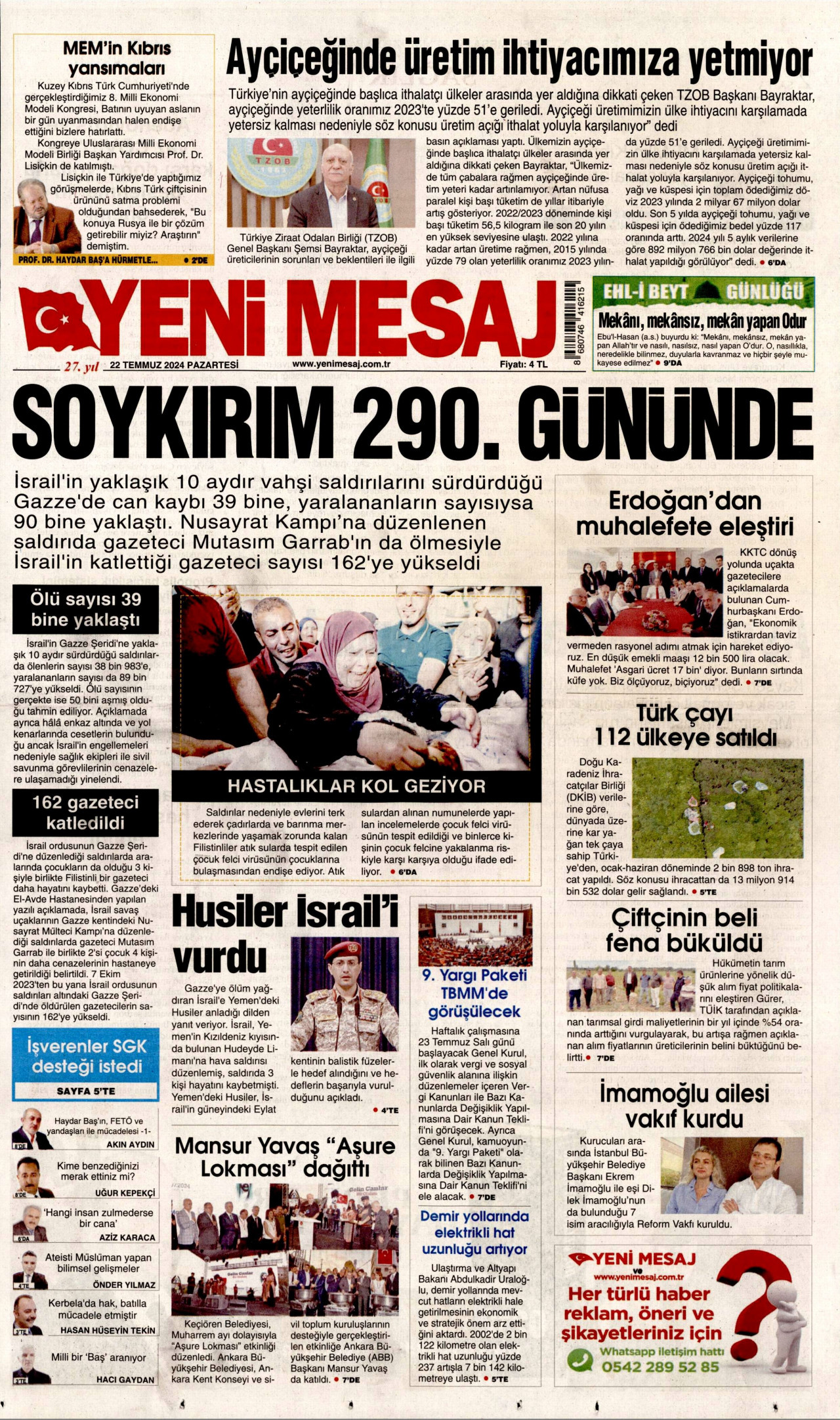 YENİ MESAJ 22 Temmuz 2024 Gazete Manşeti Büyük