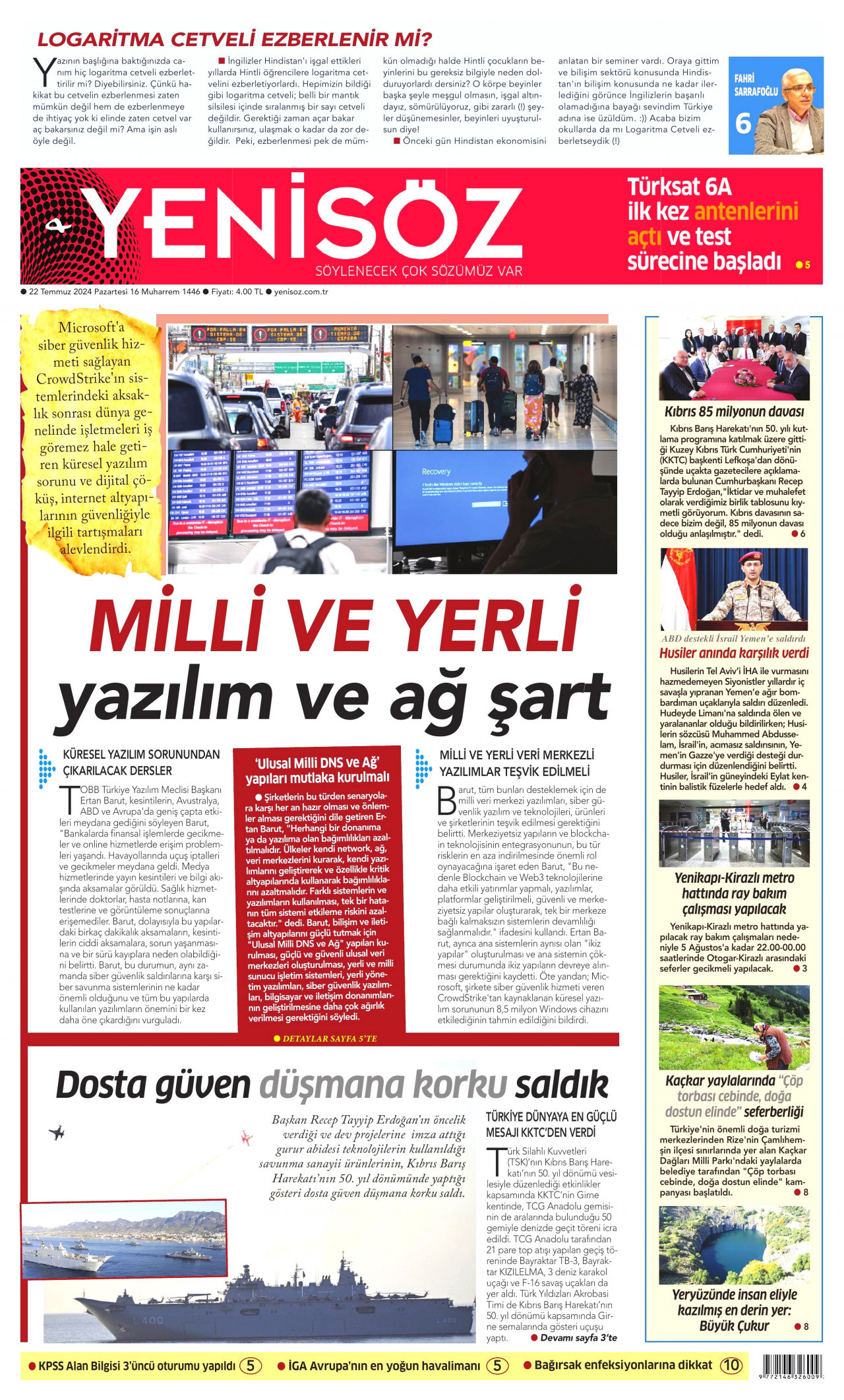 YENİ SÖZ GAZETESİ 22 Temmuz 2024 Gazete Manşeti Büyük