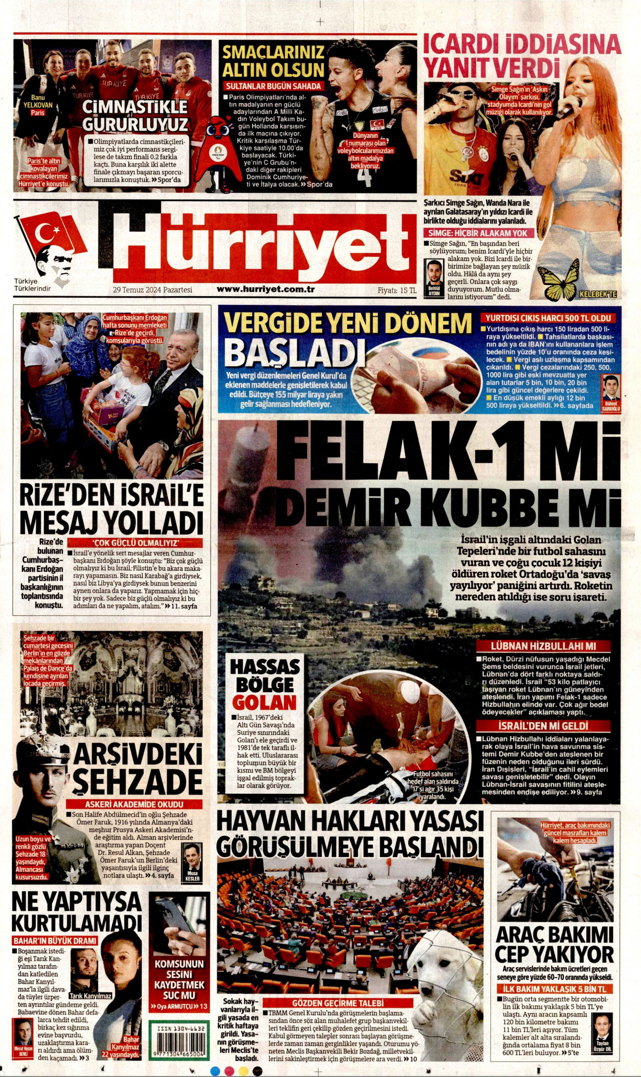 HÜRRİYET 29 Temmuz 2024 Gazete Manşeti Büyük