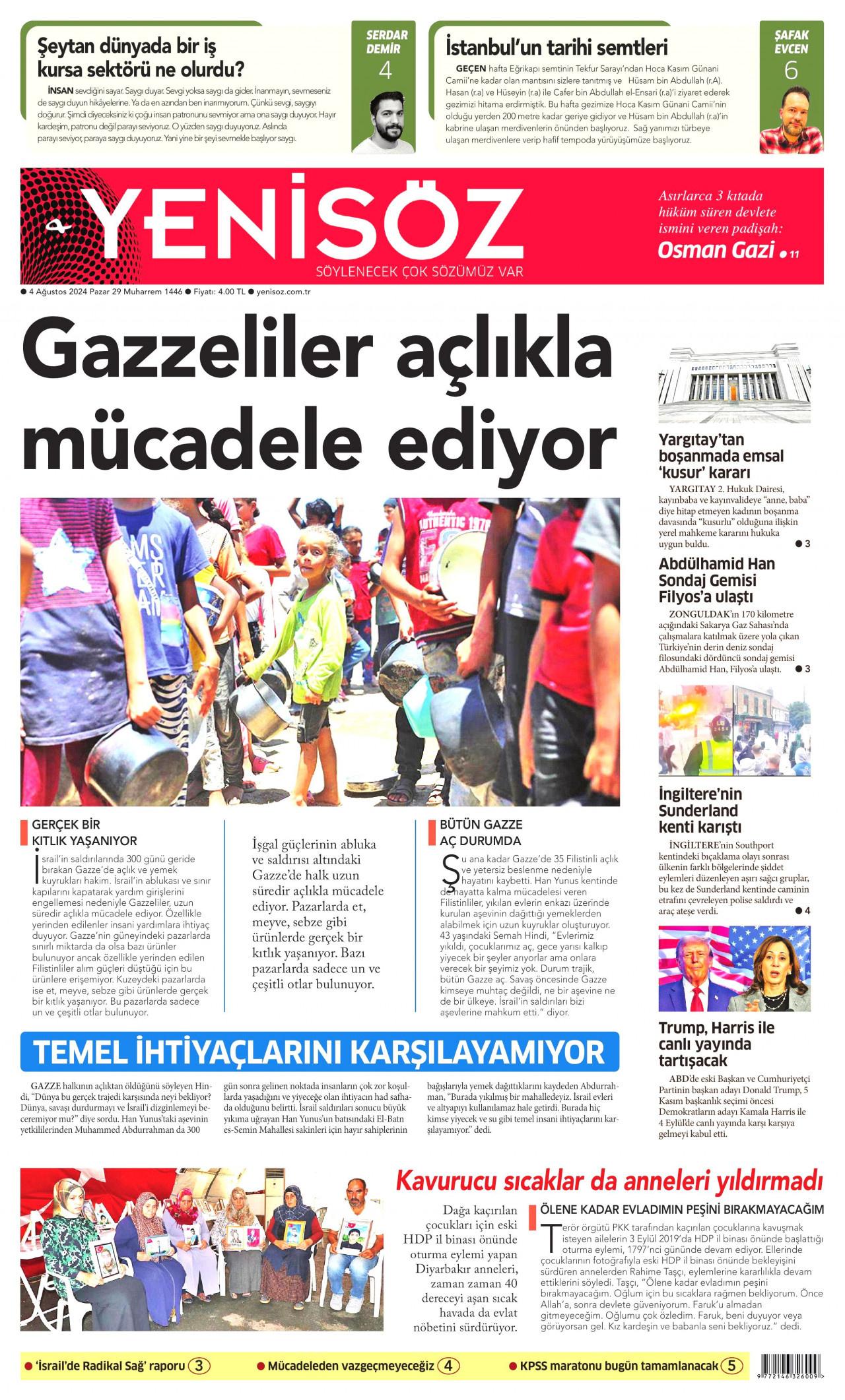 YENİ SÖZ GAZETESİ 4 Ağustos 2024 Gazete Manşeti Büyük