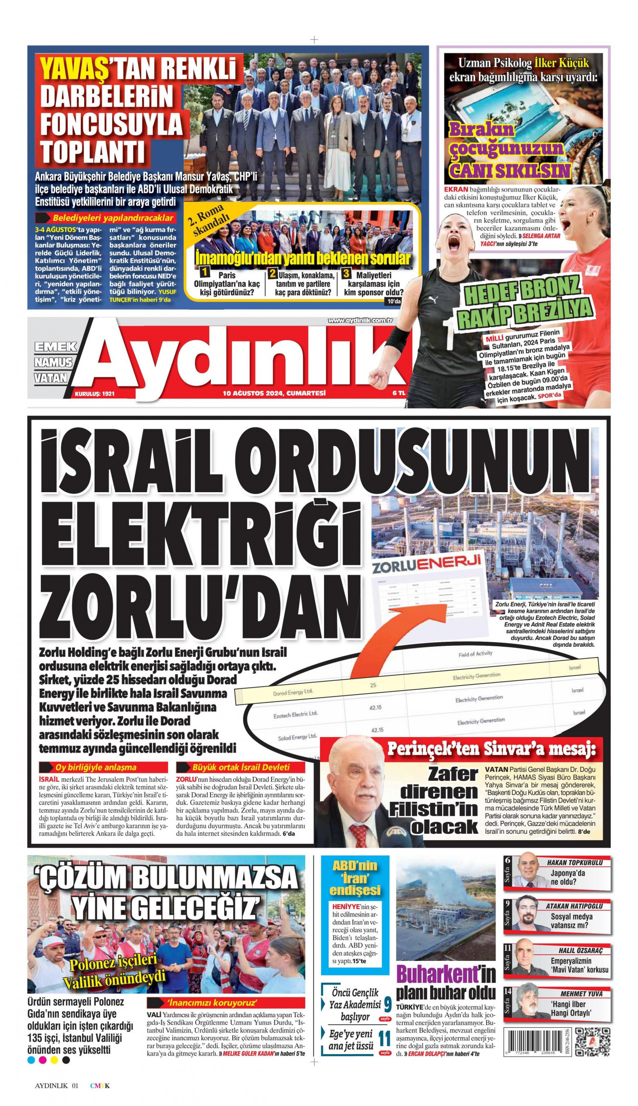 AYDINLIK GAZETESİ 10 Ağustos 2024 Gazete Manşeti Büyük