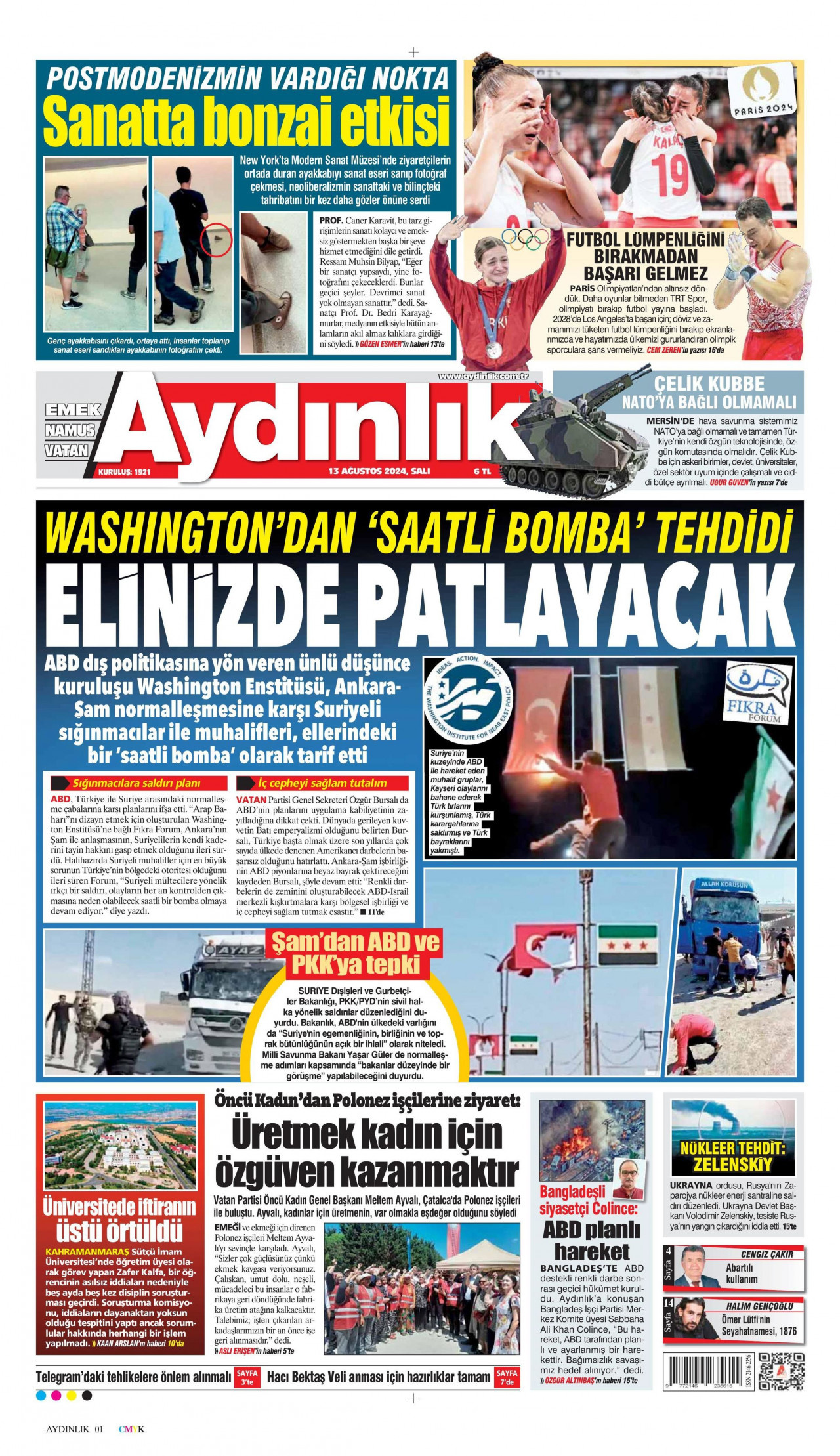 AYDINLIK GAZETESİ 13 Ağustos 2024 Gazete Manşeti Büyük