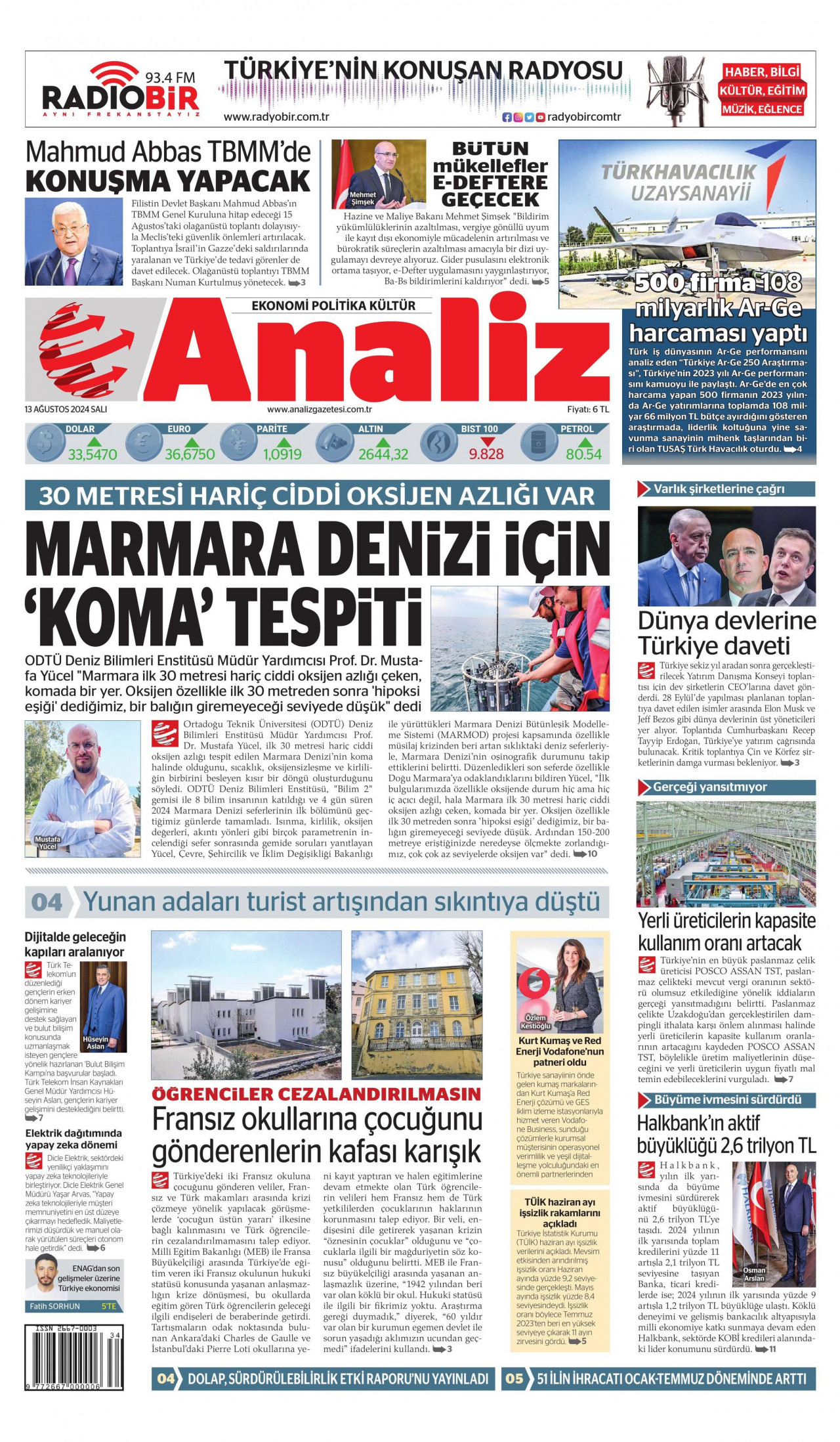 ANALİZ 13 Ağustos 2024 Gazete Manşeti Büyük