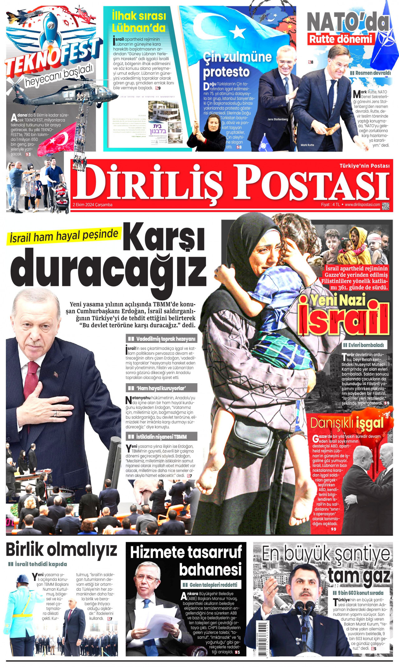 DİRİLİŞ POSTASI 2 Ekim 2024 Gazete Manşeti Büyük