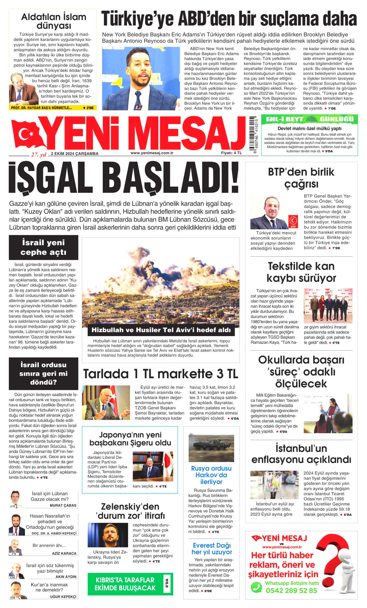 YENİ MESAJ 2 Ekim 2024 Gazete Manşeti Büyük