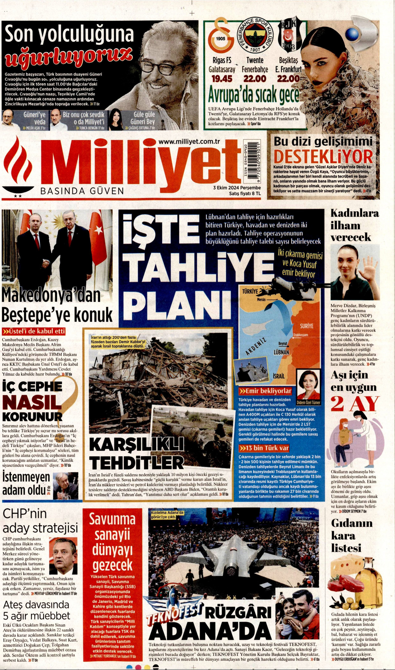 MİLLİYET 3 Ekim 2024 Gazete Manşeti Büyük